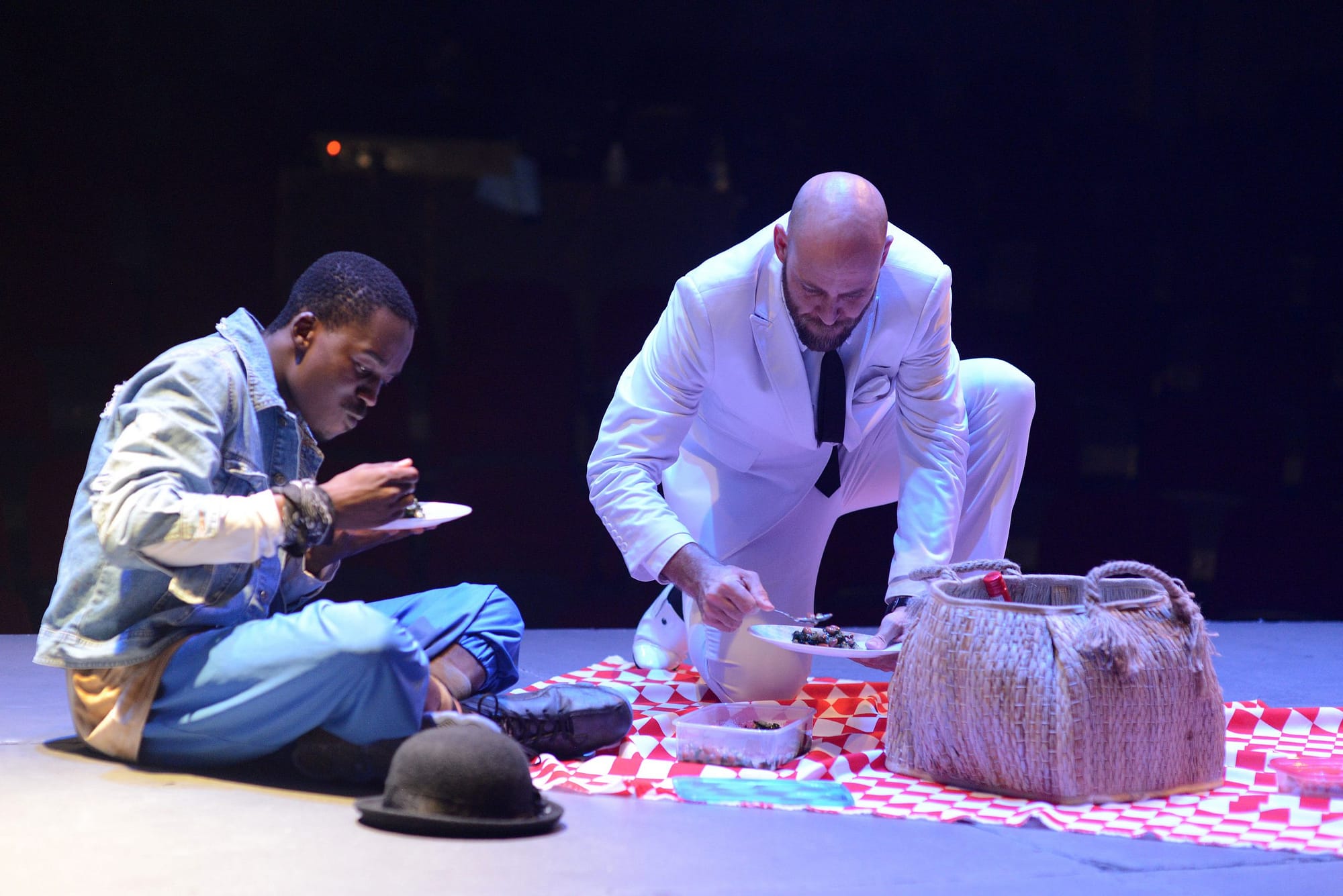 Pass Over directed by James Ngcobo and featuring Kathu Ramabulana, Hungani Ndlovu and Charlie Bouguenon at the Market Theatre (Photos by Suzy Bernstein)
